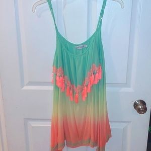 Beach cover up top, teal and salmon color